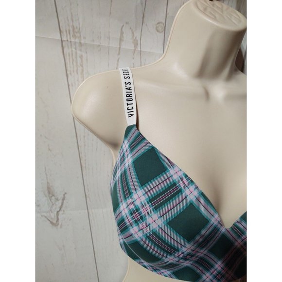 Victoria's Secret Bra 34DDD T-Shirt Lightly Lined Wireless Green Plaid - Picture 3 of 5
